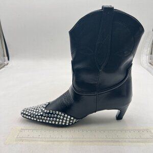 Black Women’s Rhinestone Cowboy Boots Pointed Toe Mid Calf Boots Low Heel Boots
